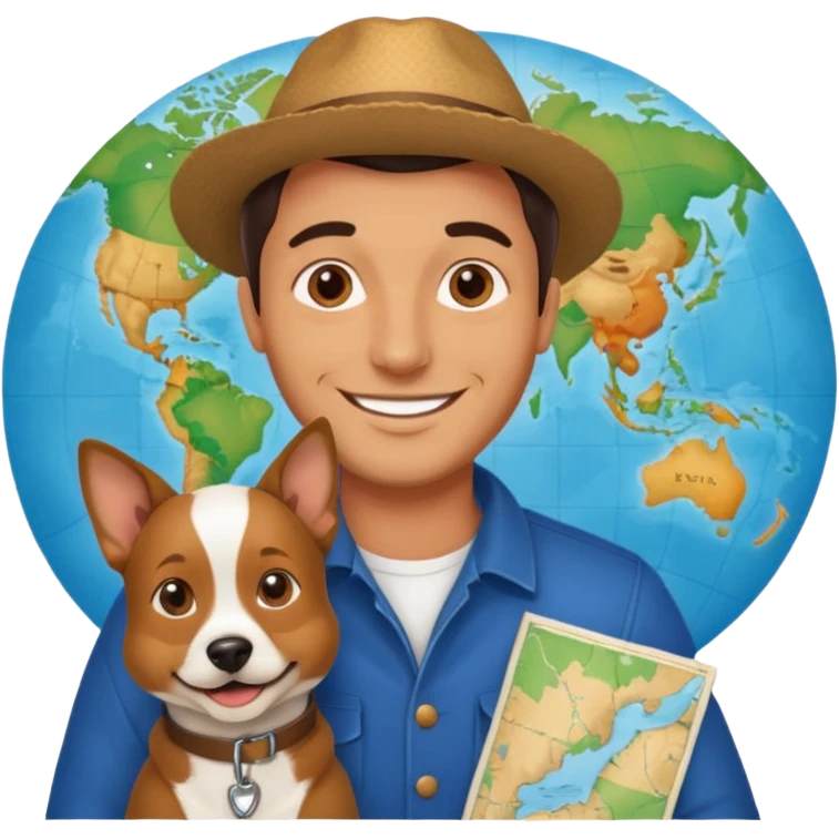 A handsome Italian man looking happy with his dog and a map  emoji