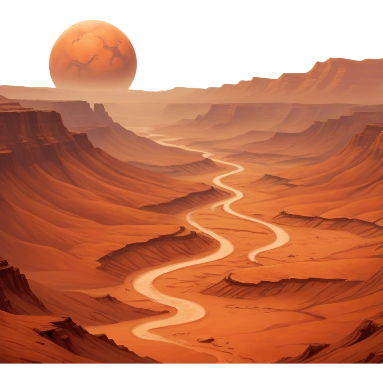 Cinematic Realistic Mars, portrayed with rugged, rust-colored landscapes, deep canyons, and swirling dust storms rendered with lifelike texture and an orange-hued glow that evokes the enigmatic allure of the Red Planet. emoji