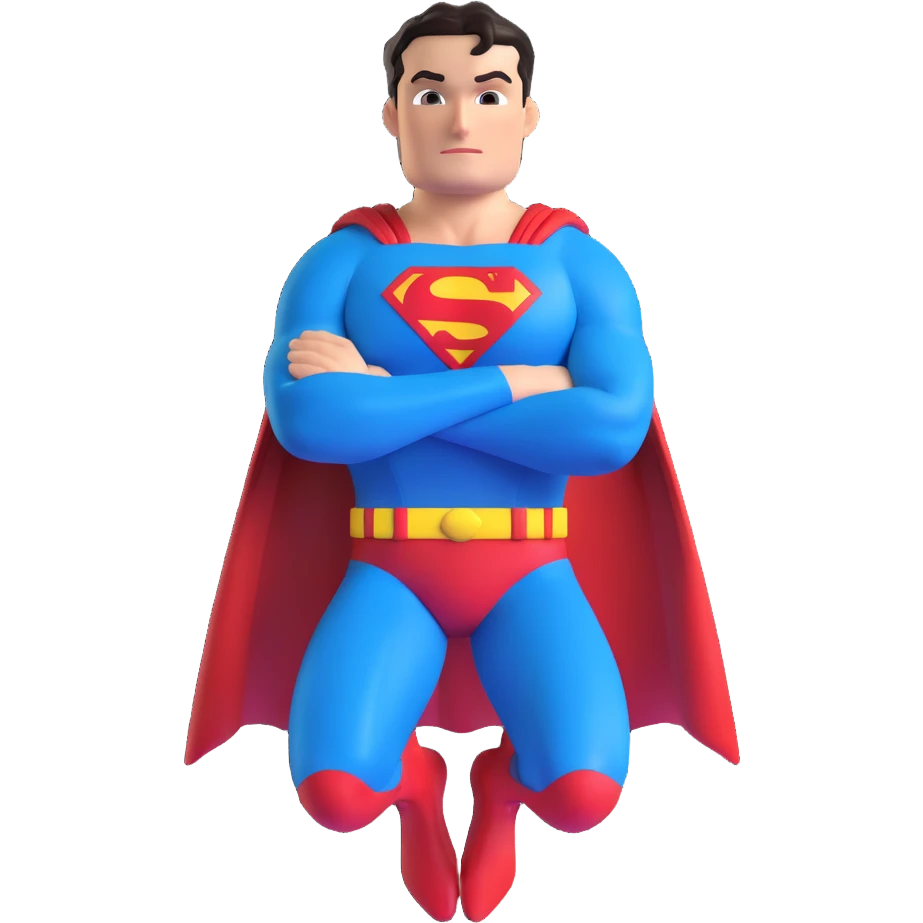 Superman hovering with arms crossed, bright blue and red costume, shiny finish, 3D cartoon style emoji