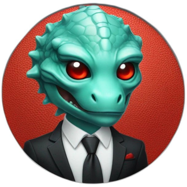 Aquamarine reptilian in classic black suite with red laser eyes on the middle of platinum coin emoji