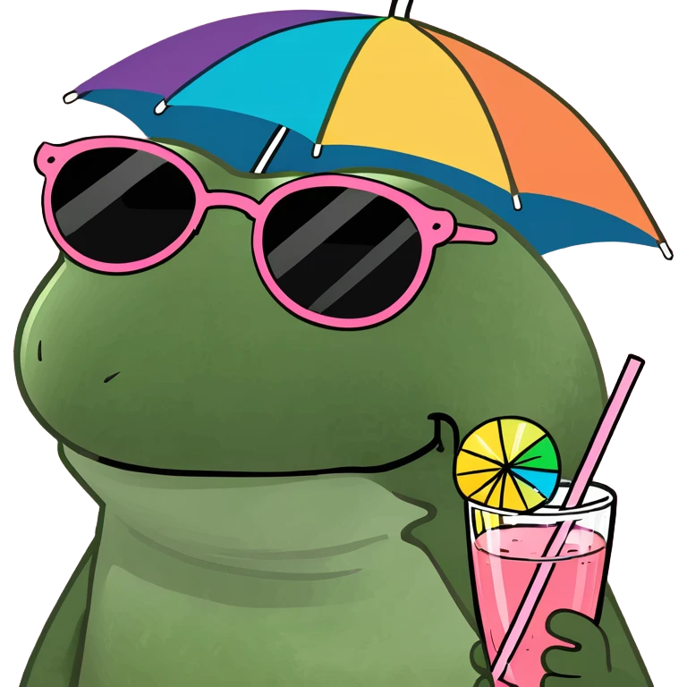 Bufo frog in a jumping pose, with rainbow umbrella hat, round sunglasses, holding a pink cocktail with a straw, classic Bufo meme style emoji