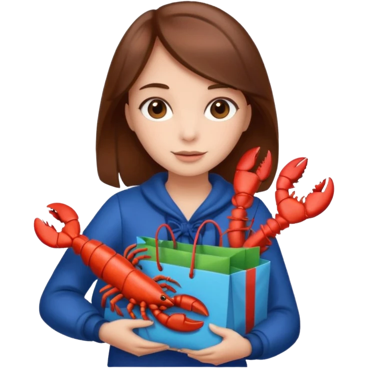 Cute girl brown hair holding gift bag with lobster inside emoji