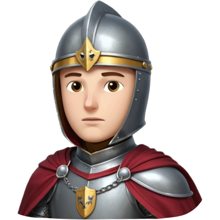 medieval knight horse rider portrait, head and shoulders only, polished steel armor collar, royal cape clasp, helmet partially visible, intense heroic eyes, fantasy medieval vibe, dramatic lighting, 3D cartoon, mobile game icon style, clean background, no text, no watermark
 emoji