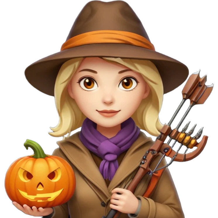 female human monster hunter emoji, wearing brown coat and hat, holding crossbow, soft smile, scarf, glowing pumpkin by her side, Halloween fantasy style, clean vector Apple emoji look, bright colors, white background, square emoji