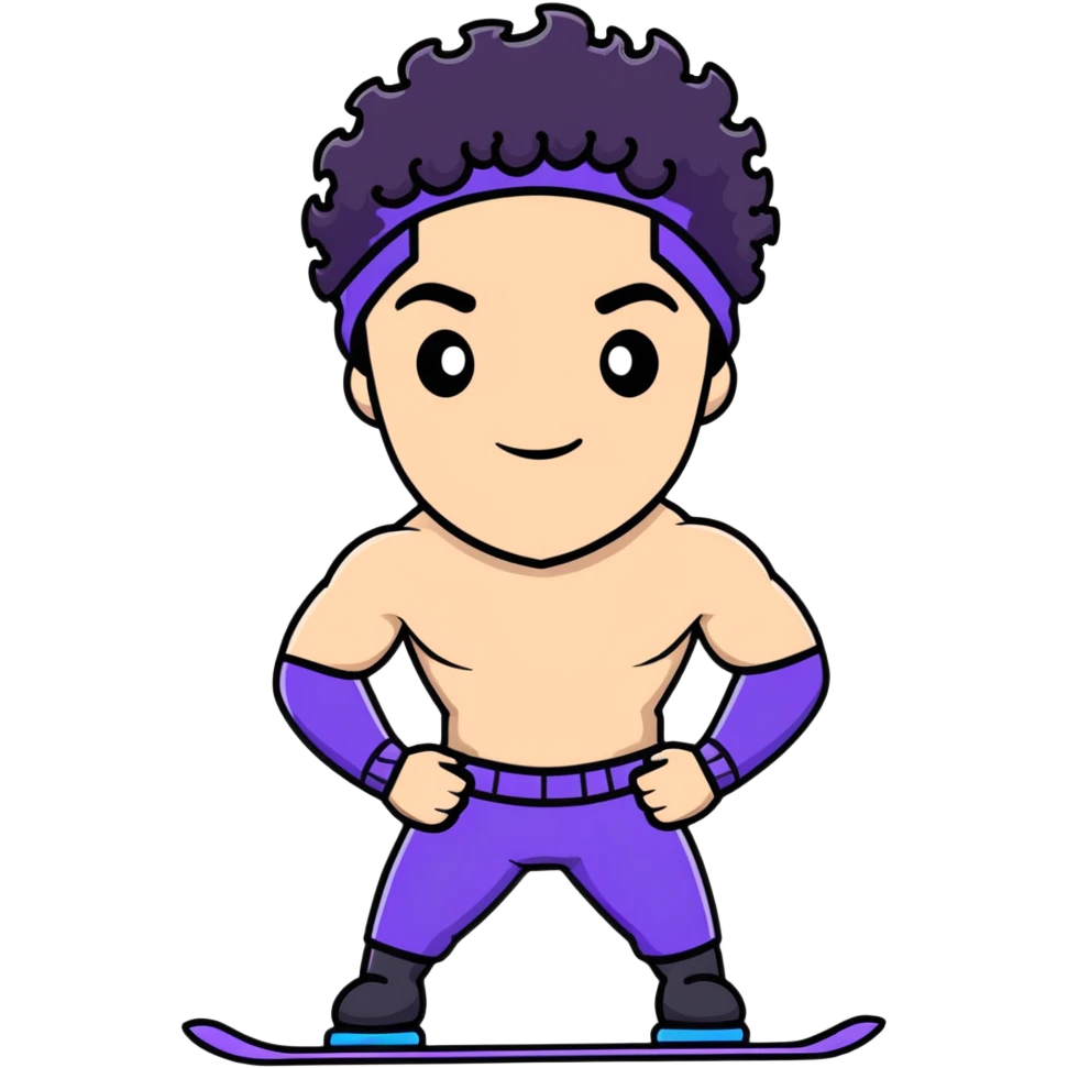 shirtless athletic man with white skin and black curly hair, wearing a purple ski mask emoji