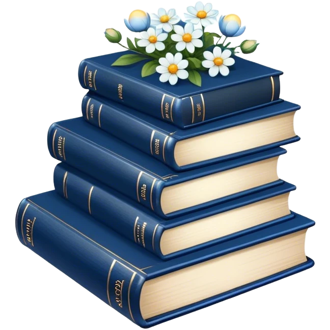 "A vintage-inspired book stack with deep blue covers, accompanied by delicate flowers and magical elements."
 emoji