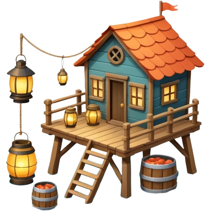 
fisherman house on a wooden pier, small dock, fishing nets hanging, barrels, lantern, ocean vibe, 3D cartoon, cute mobile game icon, clean background, no text
 emoji