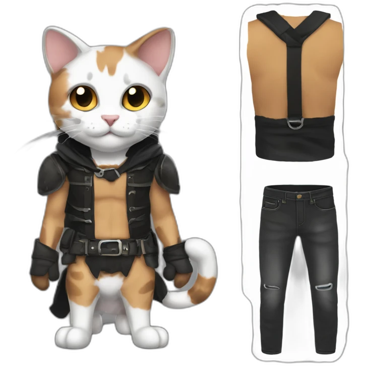 Halloween Meowscles is a buff anthropomorphic calico  cat  he has a shadow design with black  jeans emoji