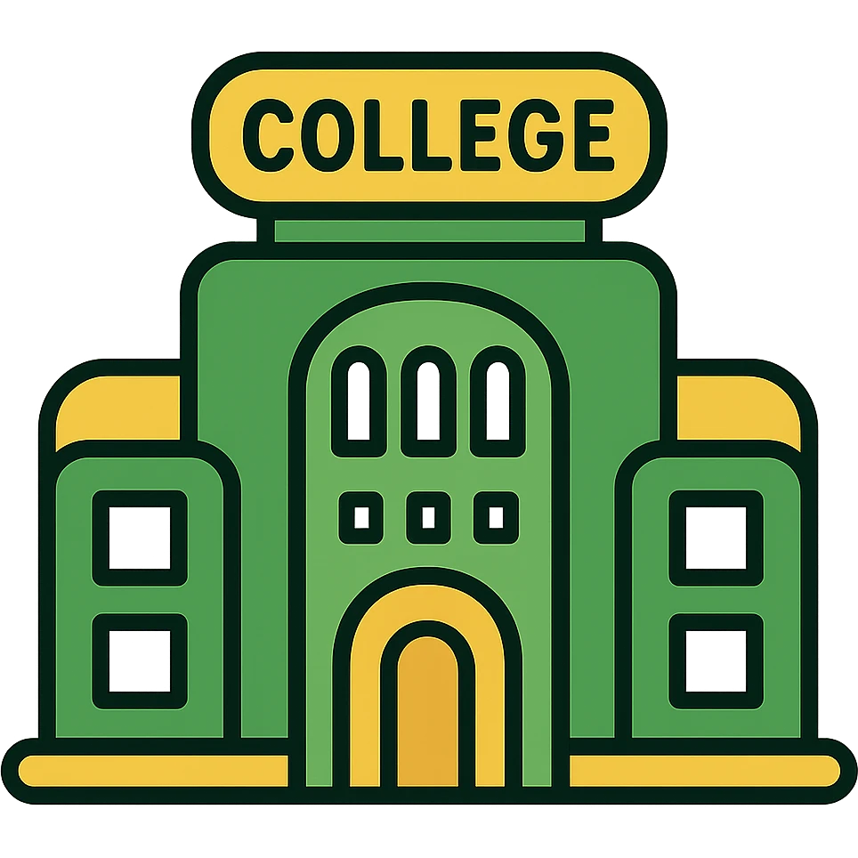 Make the college building less cartoonish, more realistic and professional with a green, gold, and white color scheme. The design should have a modern look with rounded shapes and a simple design, with no background. emoji