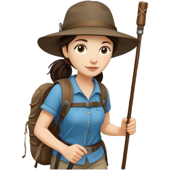 White women, long dark brown hair in ponytail with wide brim hiking hat. Walking with backpack and trekking poles.  She is a pilgrim on the Camino Frances on her way to Santiago de Compostela emoji