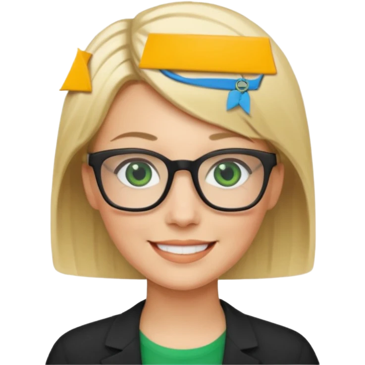 blonde teacher with short hair and green eyes and black glasses smiling emoji