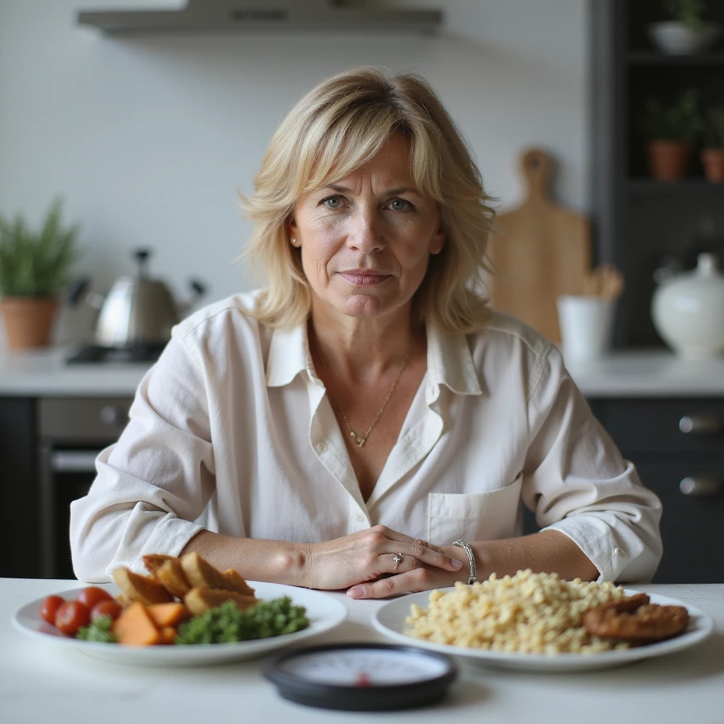 adult woman, photorealistic, yo-yo diet effects, alternating expressions of hope and disappointment, sitting at table with alternating plates of healthy food and junk food, scale showing weight fluctuations, natural light, kitchen background emoji