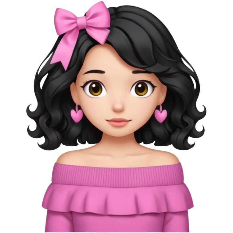 Girl with black wavy not so long hair and a ribbon hair clip beside it make it look like wearing a pink off shoulder sweater emoji