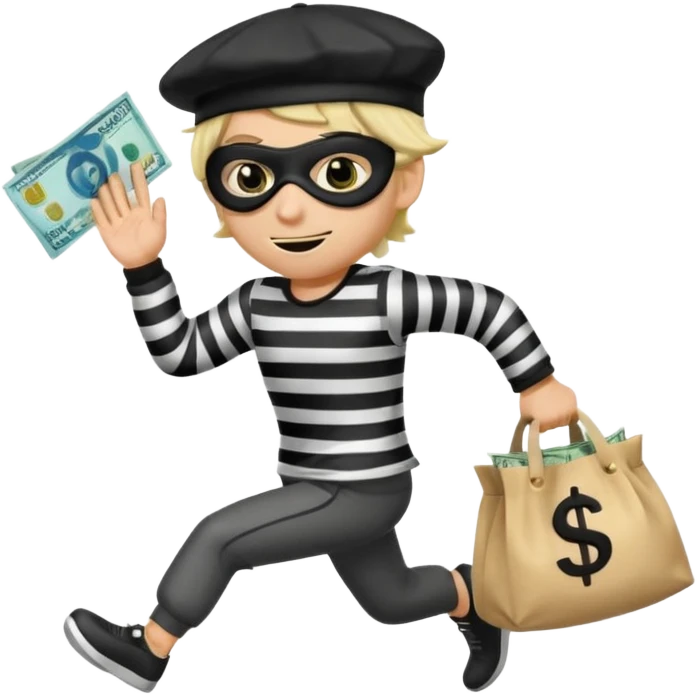 running emoji of a classic burglar, a black eye mask (looks like a blindfold) and a black-and-white striped shirt. emoji-like hair, black hat, ONE bag of money 💰 with a dollar sign in a hand emoji