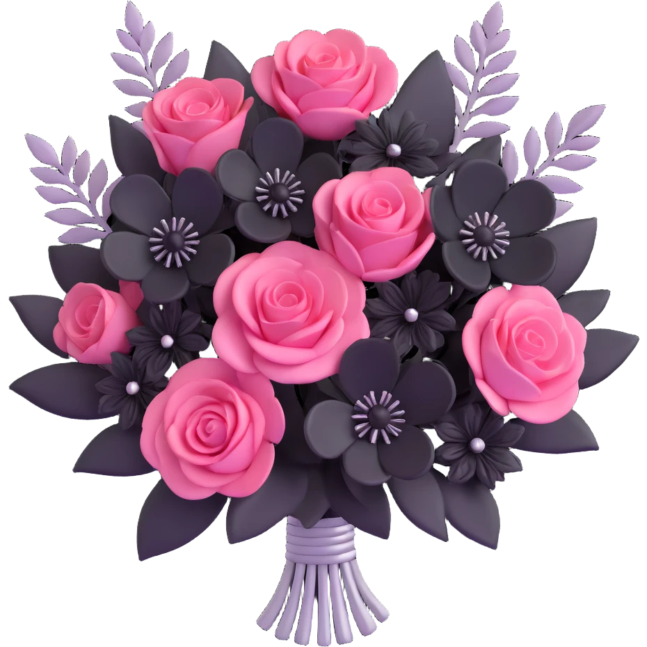 minimal 3D gothic bouquet with silver accents, pink and black flowers, simple and elegant emoji