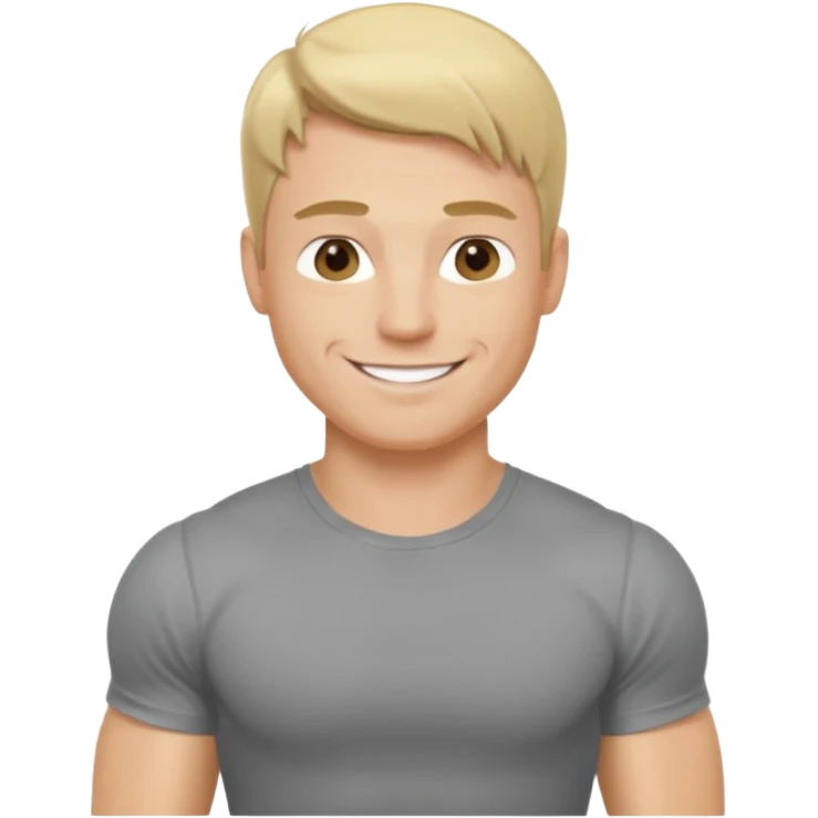 fais le meme blond, tee shirt gris mais musclé et fin qui sourie et ça s'arrête à la taille emoji