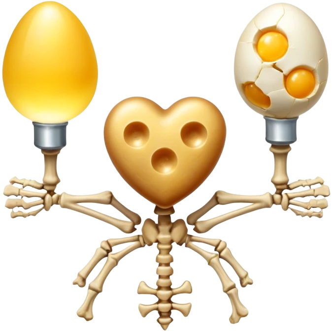 Aged cheese, egg yolk, natto, and chicken liver emitting golden key-shaped lights that direct calcium particles toward bones and away from arteries. The skeleton glows where the calcium is properly deposited, while a heart remains clear and healthy, showing vitamin K2's dual role. emoji