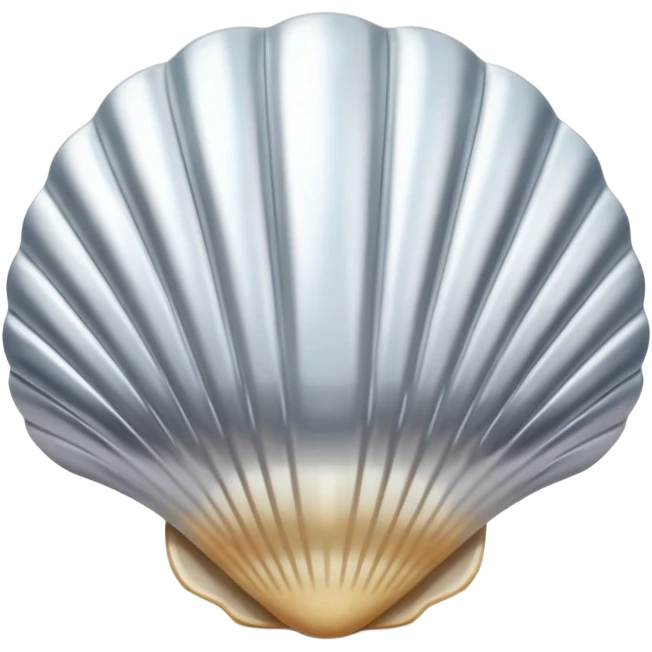 A seashell emoji made of polished silver chrome, smooth curved surface, reflective metallic highlights, elegant minimal design, iOS emoji style, centered, clean white background, soft lighting emoji