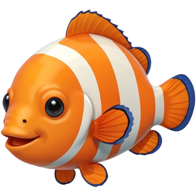 Full body of a clownfish with bright orange and white striped body, small fins, rounded tail, big black eyes, smiling expression, cartoon style, floating in water, front-facing emoji