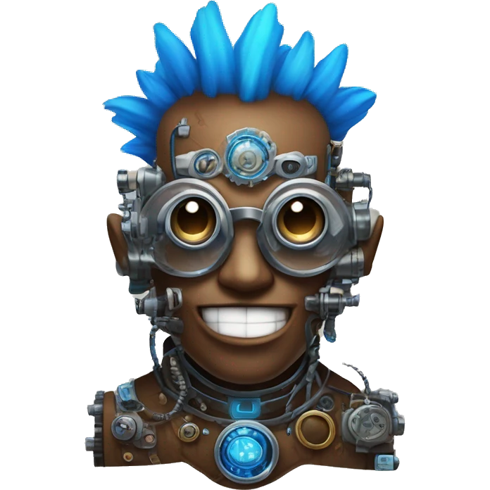 Brown cyborg head with blue Mohawk, blue beard, silver steampunk monocle goggles a smile and circuits emoji