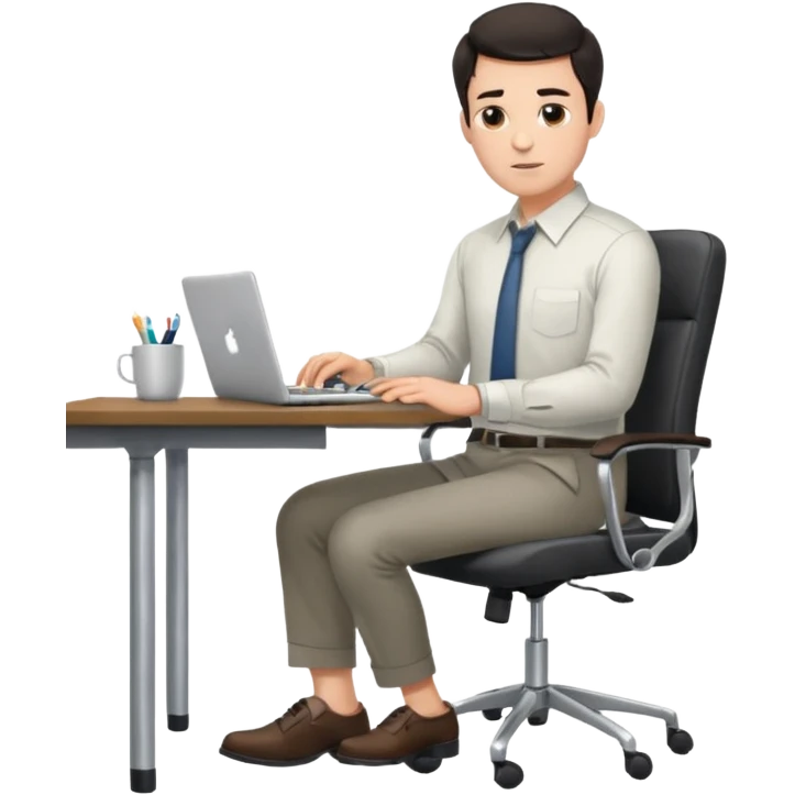 Rich man sitting on a office chair, working at desk, looking to laptop in shirt, dark hair, he is german very beautiful looks like, full body view emoji