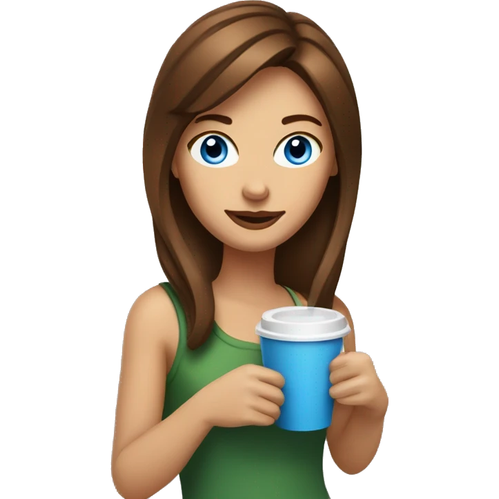 A brown-haired woman with blue eyes drinks coffee from a straw emoji
