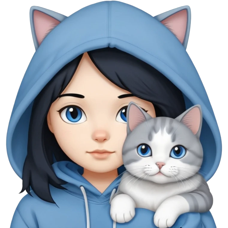 Girl with black hair in gray hoodie with a British shorthair blue and white cat and a long-haired blue and white cat emoji