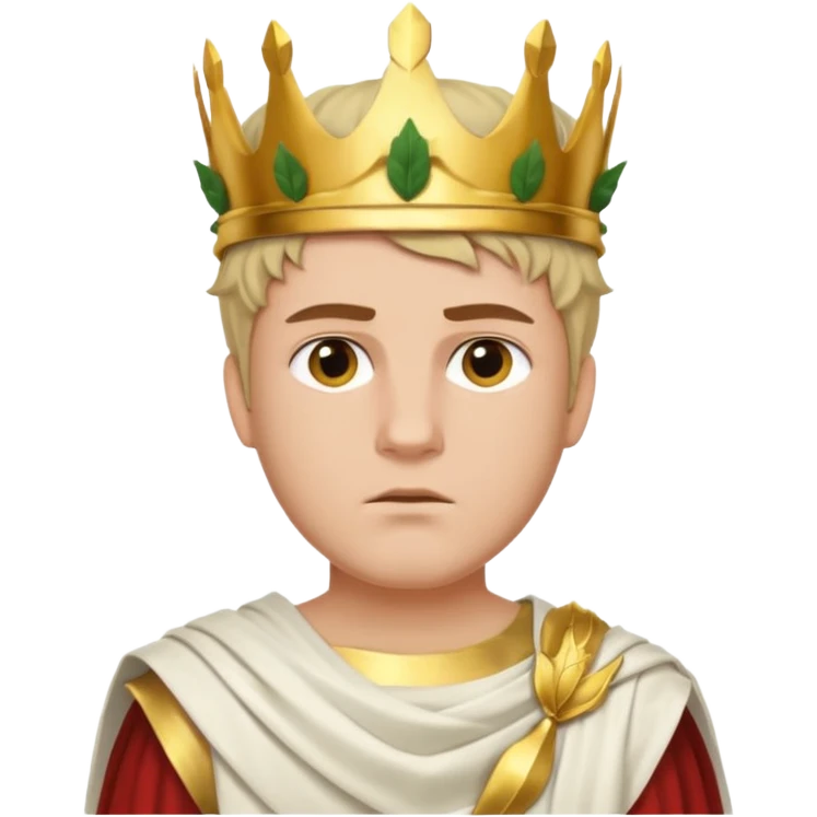 Jules César with golden laurel crown, white toga, serious look emoji