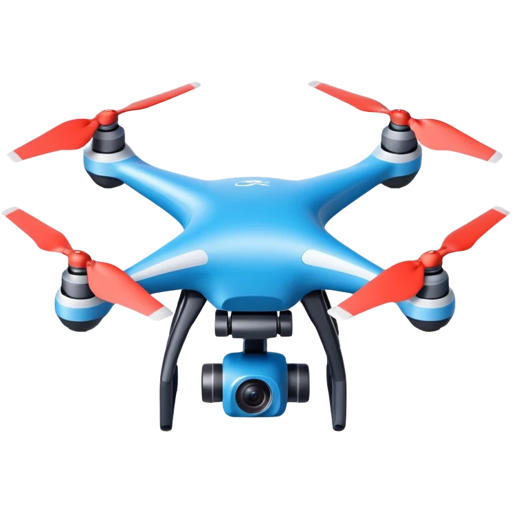 Camera drone sticker, modern quadcopter with 4K camera, sleek design, blue and white color, flat vector style, clean lines, soft shadow, white outline, transparent background emoji