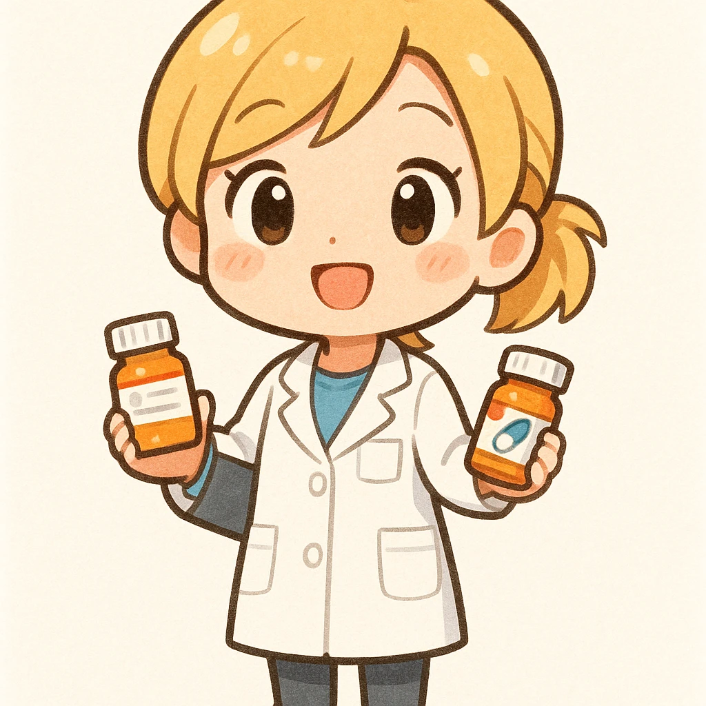 A chibi style young female pharmacist with blonde hair, wearing a white coat, holding a clipboard and a pill bottle, with a bright and friendly expression, full body, cute and colorful illustration. emoji