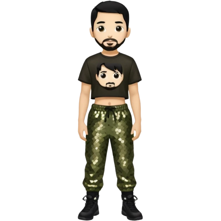 Mike Shinoda with black hair, black sequin crop top, olive sequin baggy pants emoji