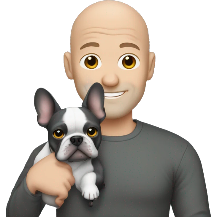 Bald man holding dark grey french bulldog  emoji