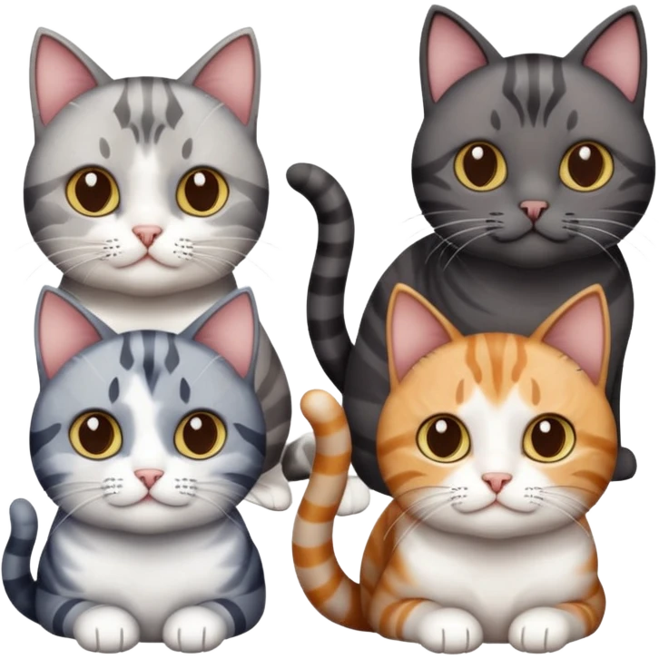 4 different coloured short haired cats including; a dark brown and white cat, and a dark grey and white  emoji