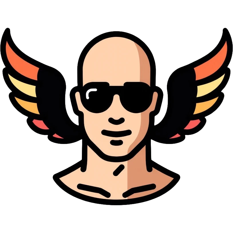 bald man with black sunglasses and wings emoji