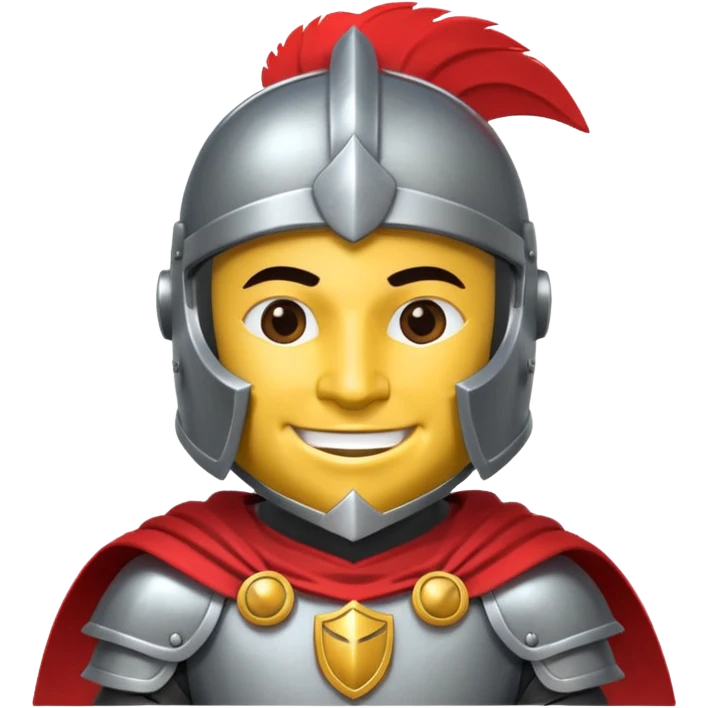A friendly Trojan warrior mascot with a large cartoon-style head, wearing a silver helmet with a red crest and black cheek guards.  confident smile. The character wears dark armor with metallic details and a bright yellow cape.  emoji