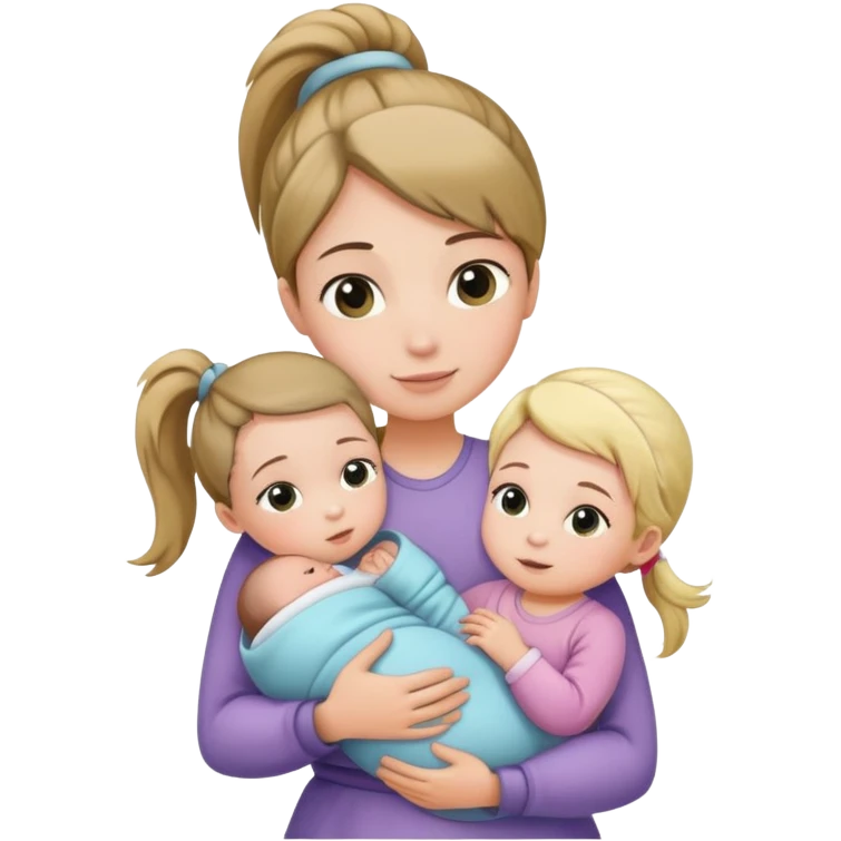 Big sister with ponytail carefully holding newborn baby while hugging younger sister emoji