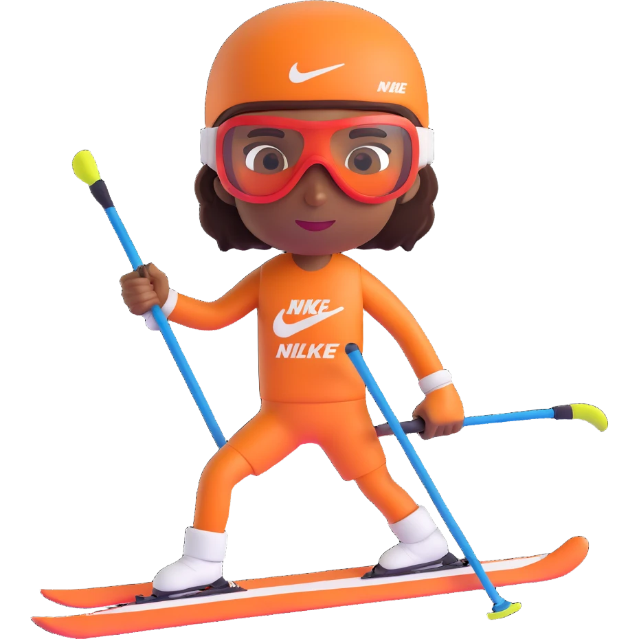 brown-skinned skier with Nike branding, visible arm tattoos, ski goggles, in a modern 3D emoji style emoji
