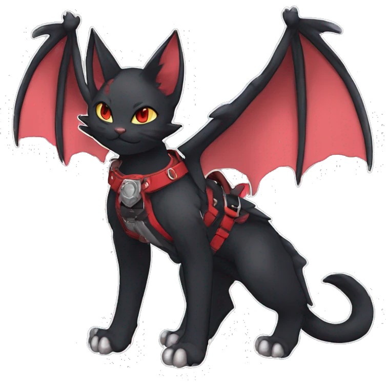 cool edgy black punk red ethereal fantasy nargacuga-bat-cat-Fakemon collar harness full body emoji