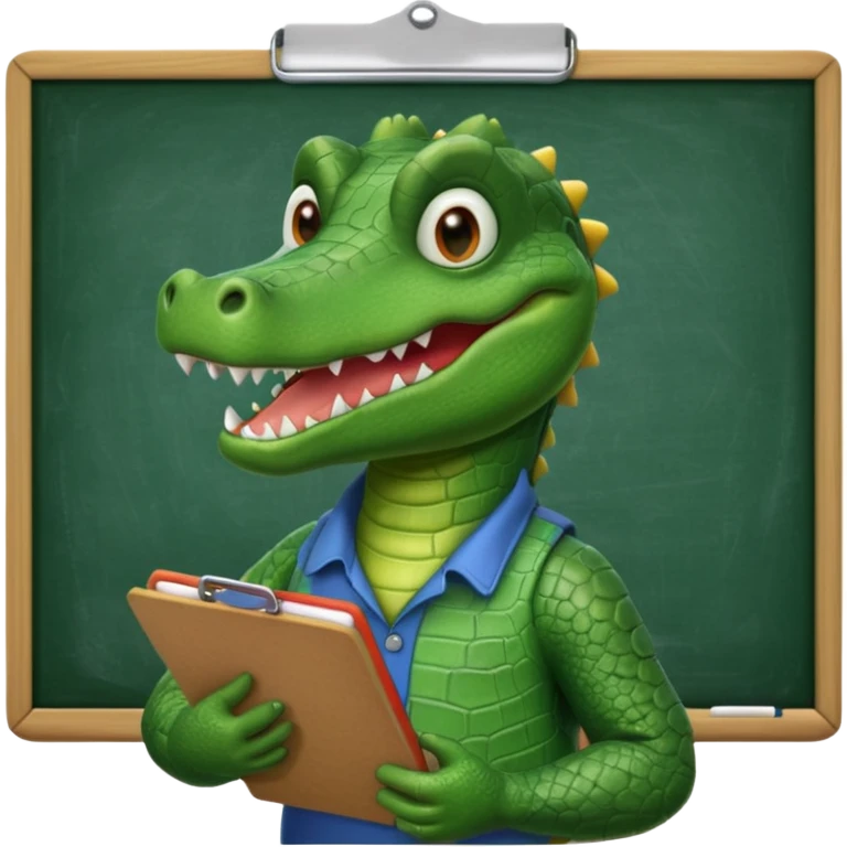A 1960s style image of a gator with a clipboard and a pencil in front of a chalkboard emoji