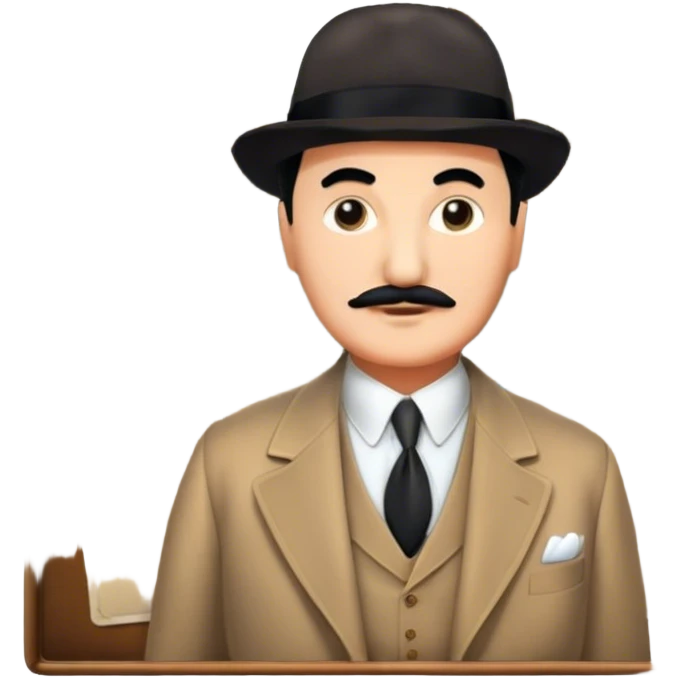 Icon for Detective Movies: A colorful collage with Hercule Poirot and mysterious city backdrop. Include a board with photos of suspects, clues like fingerprints and a crime scene. Retro movie poster style. Transparent background. emoji