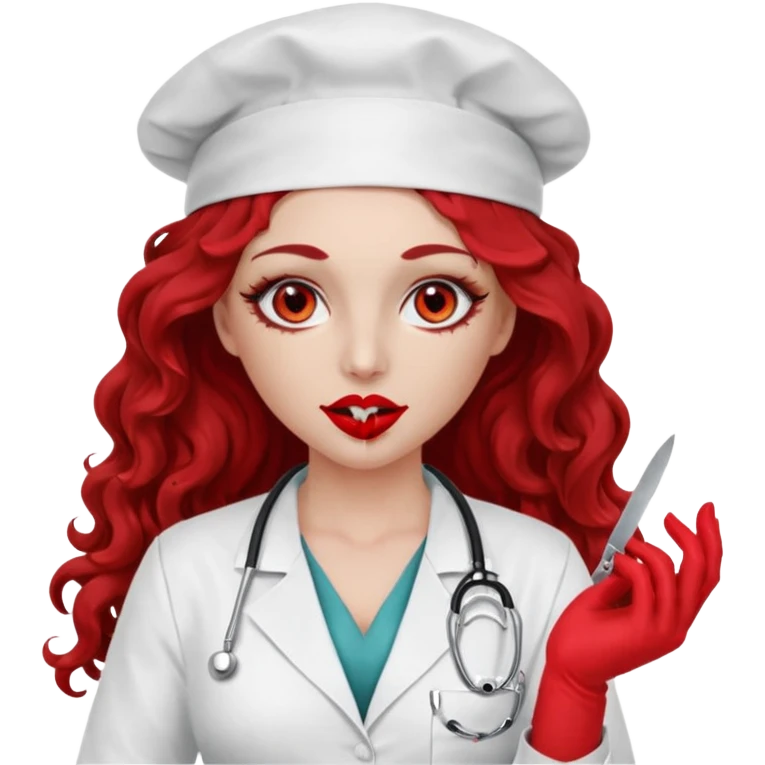 Lilith scalpel in hand, evil surgeon sexy surgeon clothes.  She has red eyes.  Hair is long. Hair is brown and curly hair. Wears sexy doctor outfit with red gloves. Covers mouth neck and nose with mouth veil red emoji