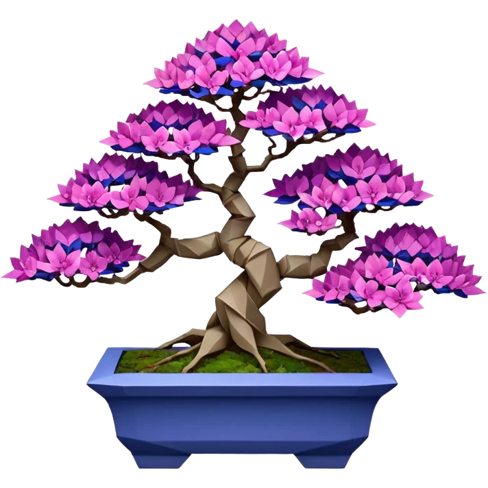 Futuristic wild et alien moss maples Bonsai hair-fine-leaf group crimson crystal azalea purple and cream pink blue informal cliffhanger forest planting in shallow slab origami style pot  emoji