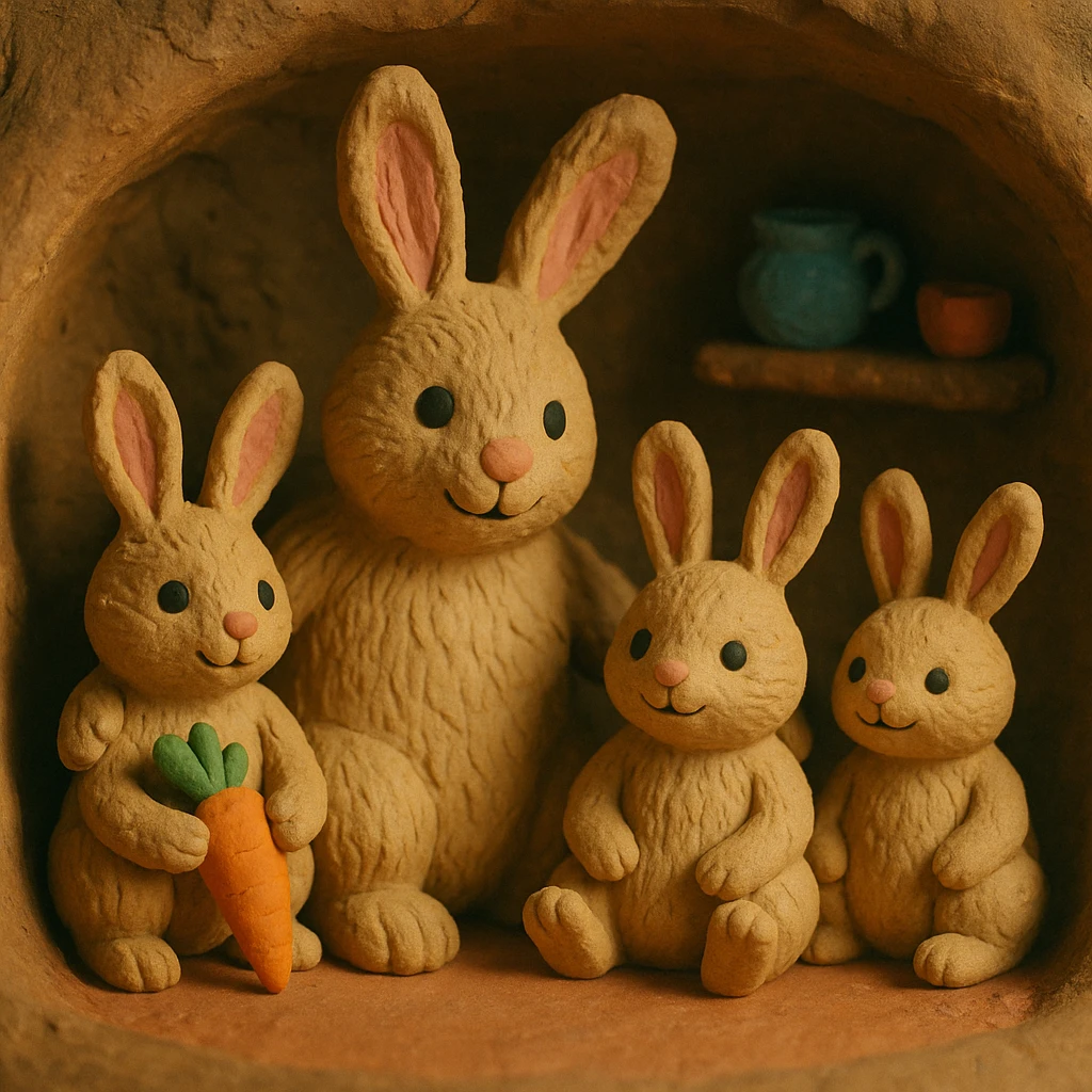 rabbit family in a burrow, cozy and cheerful, detailed fur, claymation style emoji