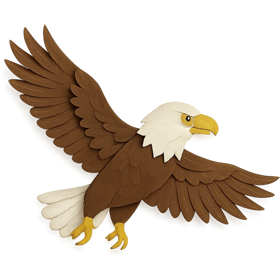 bald eagle soaring, paper craft style, layered paper details, sharp yellow eyes, white head, brown plumage, wings outstretched emoji