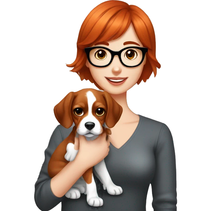 red-haired girl with bangs and short hair and black glasses presenting a Blenheim Cavalier puppy emoji