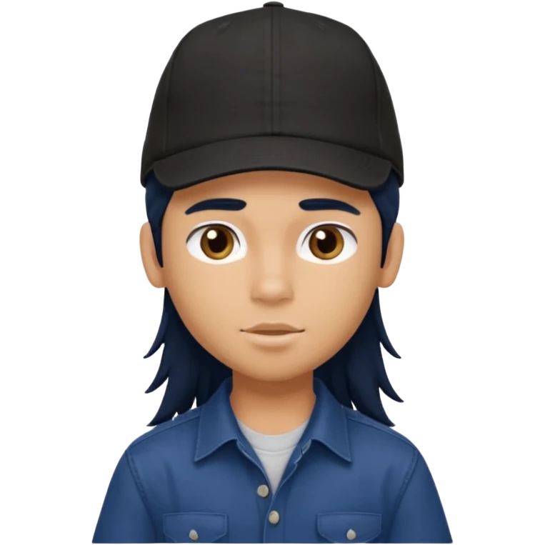 generate a pretty bratz boy wearing a dark blue button up shirt, long black mullet hair. 

Dark blue cap on head emoji