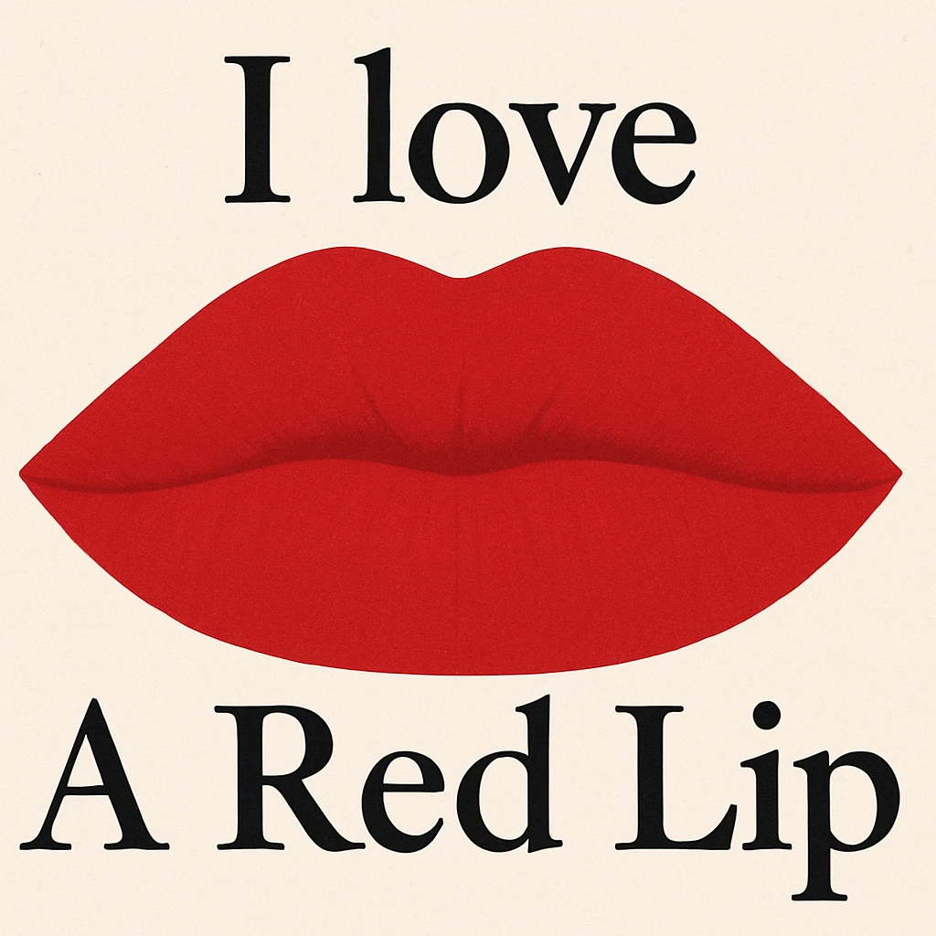 Replace the text with 'I love A Red Lip' while keeping the bold matte red lips and closed mouth style. Preserve the original font and layout. emoji