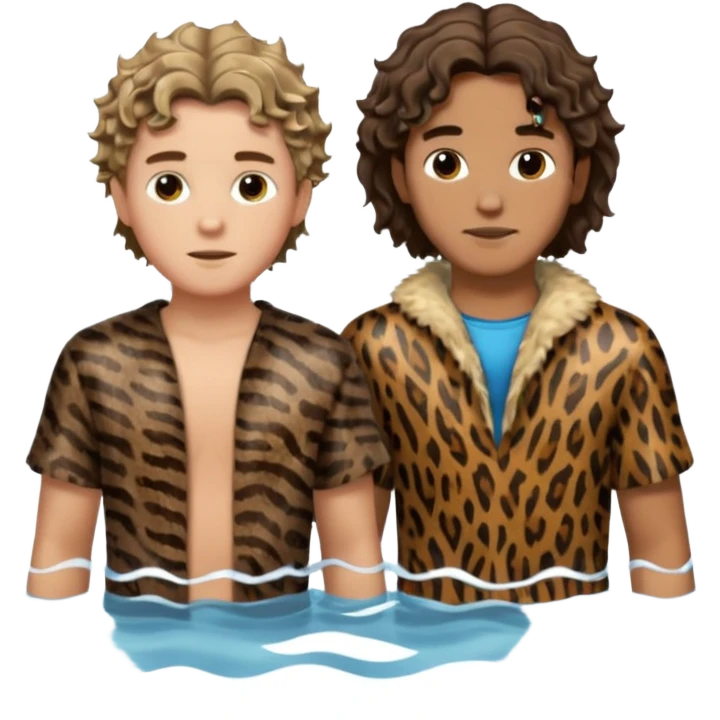 two young men, one with wavy hair and animal skin clothes (John), the other with short hair (Jesus), meeting in water, both clothed emoji