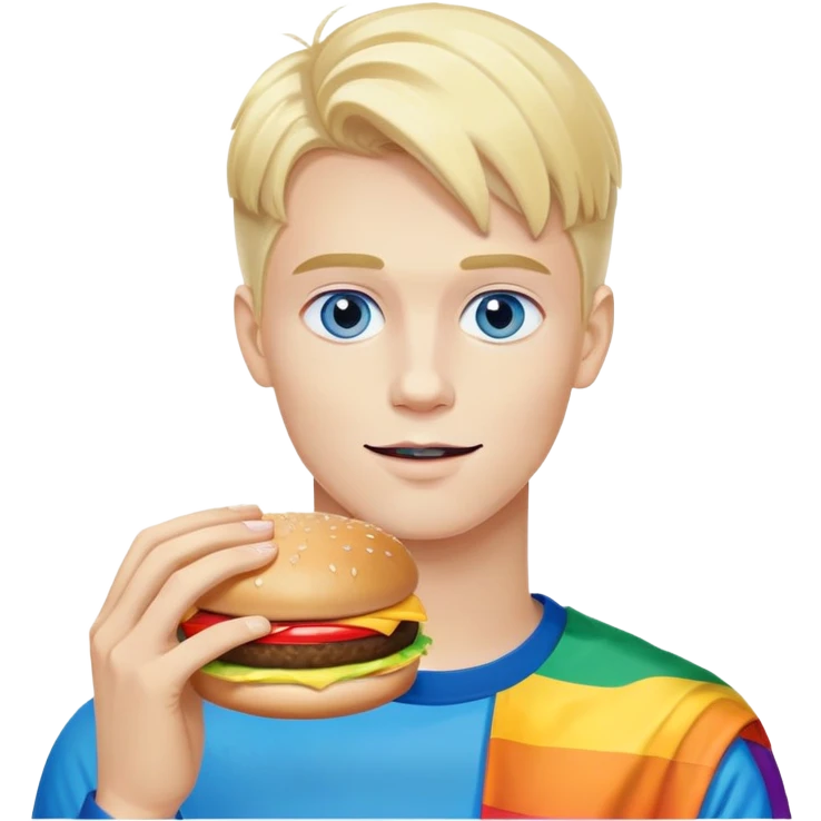 Young blonde man with white skin and blue eyes from LGBT community eating McDonald's hamburger, pride flag colors emoji