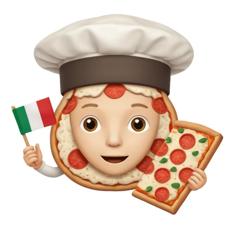 playful cartoon brain wearing a chef's hat holding a slice of pizza with Italian flag colors background emoji